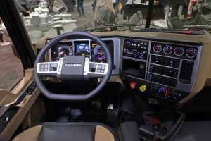 Interior of a new Mack automatic semi truck.